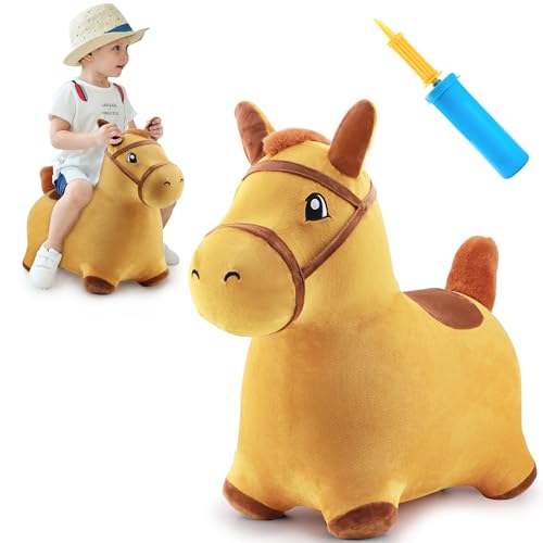 iPlay, iLearn Yellow Hopping Horse, Outdoors Ride On Bouncy Animal Play Toys, Inflatable Hopper Plush Covered with Pump, Activities Gift for 18 Months, 2, 3, 4, 5 Year Old Kids Toddlers Boys Girls