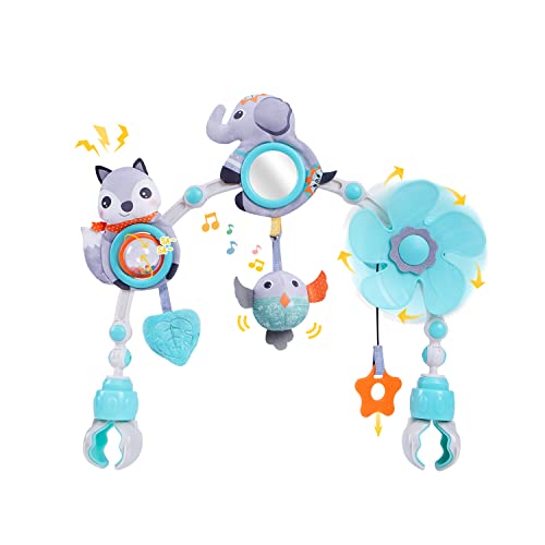 Koty Baby Stroller Arch Toy with Teether, Rattle, Crinkle Sound, Mirror & Music Box, Newborns Sensory Activity Carrier Take-Along Toy, Adjustable for Bouncers, Car Seat & Pram 0M+(Elephant)