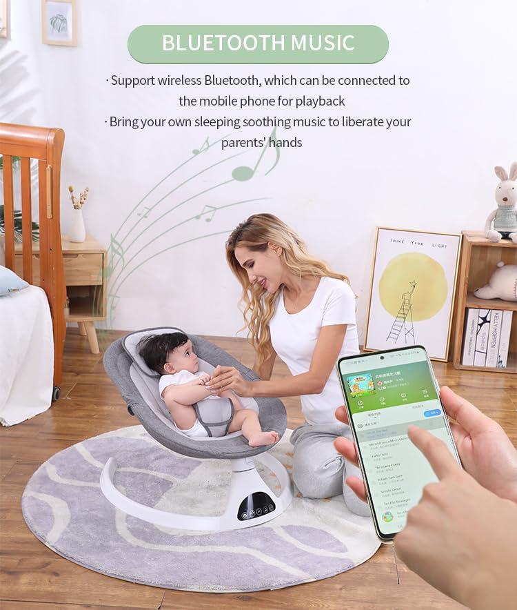 Luxccaiw Baby Swing for Infants,Electric Bouncer for Babies- Bluetooth Touch Screen/Remote ControTiming Function 5 Swing Speeds Baby Rocker Chair with Music Speaker 5 Point Harness Remote Control Gray