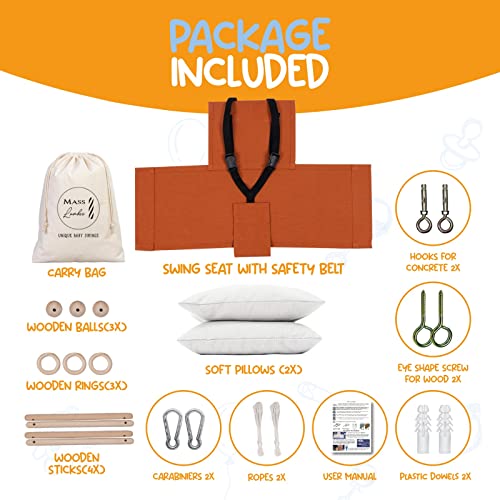 Mass Lumber Cinnamon Canvas Baby Swing Outdoor Indoor Seat Set with Ceiling Hardwares Wooden Toys Secure Baby Hammock Swing Hanging Chair for Infant Little Toddler Outside Tree Swing Porch Backyard