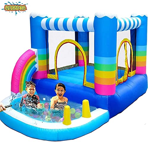 MEIOUKA Kids Inflatable Bounce Houses Jumper with 350W Blower Small Ball Pit Water Pool Rainbow Blow up Small Inflatable Bounce House for Kids Toddlers Indoor Outdoor Jumping Bouncer Party Yard Toys