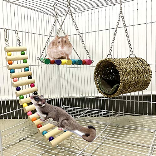 Leeko Pet Hammock Hamster Hanging Toy, 3 Piece Set House Hanging Bed Cage Toys for Small Animal Sugar Glider Squirrel Chinchilla Hamster Rat Playing Sleeping