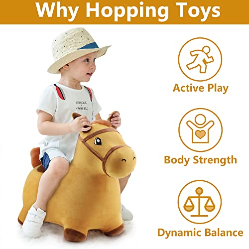 iPlay, iLearn Yellow Hopping Horse, Outdoors Ride On Bouncy Animal Play Toys, Inflatable Hopper Plush Covered with Pump, Activities Gift for 18 Months, 2, 3, 4, 5 Year Old Kids Toddlers Boys Girls