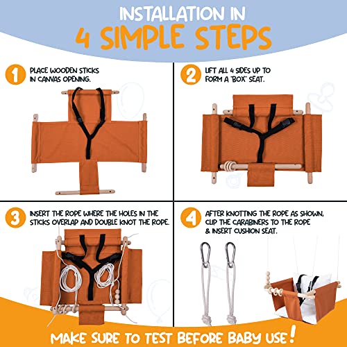 Mass Lumber Cinnamon Canvas Baby Swing Outdoor Indoor Seat Set with Ceiling Hardwares Wooden Toys Secure Baby Hammock Swing Hanging Chair for Infant Little Toddler Outside Tree Swing Porch Backyard