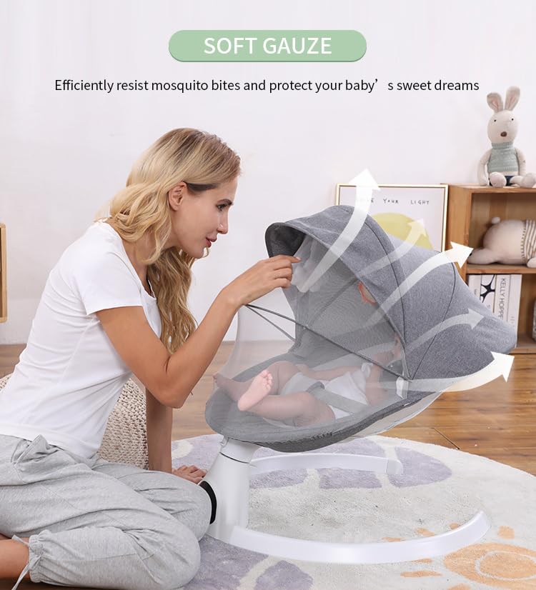 Luxccaiw Baby Swing for Infants,Electric Bouncer for Babies- Bluetooth Touch Screen/Remote ControTiming Function 5 Swing Speeds Baby Rocker Chair with Music Speaker 5 Point Harness Remote Control Gray