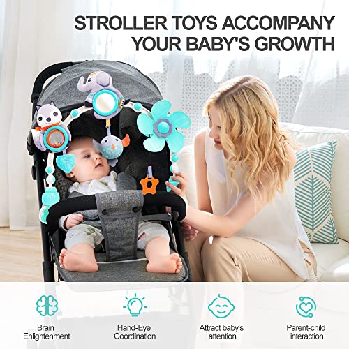 Koty Baby Stroller Arch Toy with Teether, Rattle, Crinkle Sound, Mirror & Music Box, Newborns Sensory Activity Carrier Take-Along Toy, Adjustable for Bouncers, Car Seat & Pram 0M+(Elephant)