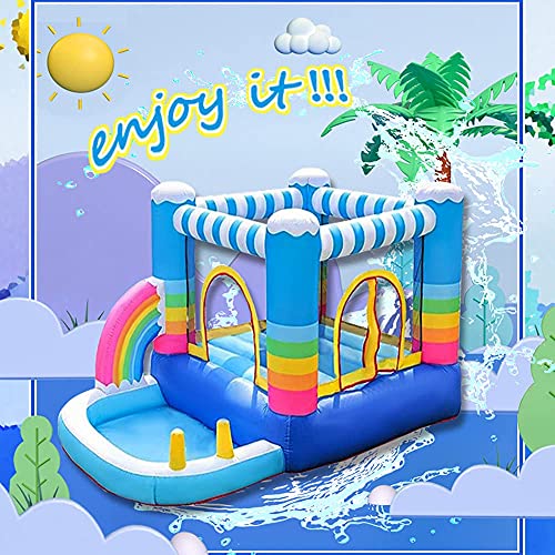 MEIOUKA Kids Inflatable Bounce Houses Jumper with 350W Blower Small Ball Pit Water Pool Rainbow Blow up Small Inflatable Bounce House for Kids Toddlers Indoor Outdoor Jumping Bouncer Party Yard Toys