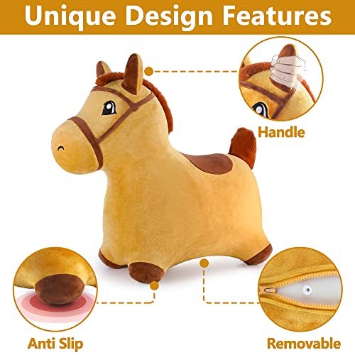 iPlay, iLearn Yellow Hopping Horse, Outdoors Ride On Bouncy Animal Play Toys, Inflatable Hopper Plush Covered with Pump, Activities Gift for 18 Months, 2, 3, 4, 5 Year Old Kids Toddlers Boys Girls