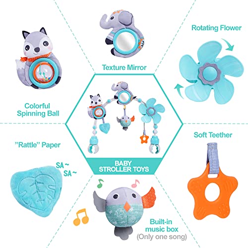 Koty Baby Stroller Arch Toy with Teether, Rattle, Crinkle Sound, Mirror & Music Box, Newborns Sensory Activity Carrier Take-Along Toy, Adjustable for Bouncers, Car Seat & Pram 0M+(Elephant)