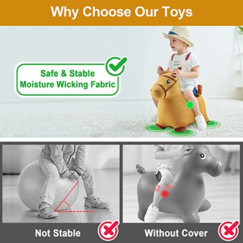 iPlay, iLearn Yellow Hopping Horse, Outdoors Ride On Bouncy Animal Play Toys, Inflatable Hopper Plush Covered with Pump, Activities Gift for 18 Months, 2, 3, 4, 5 Year Old Kids Toddlers Boys Girls