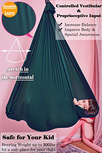Indoor Therapy Sensory Swing for Kids with Mounting Hardware, Adjustable Snuggle Cuddle Hammock Lycra Swings Has Calming Effect On Child with Special Needs (Dark Green)