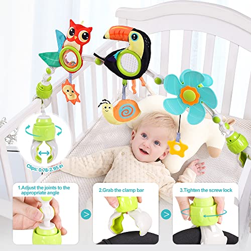 Koty Baby Stroller Arch Toy with Teether, Rattle, Crinkle Sound, Mirror & Music Box, Newborns Sensory Activity Carrier Take-Along Toy, Adjustable for Bouncers, Car Seat & Pram 0M+(Elephant)