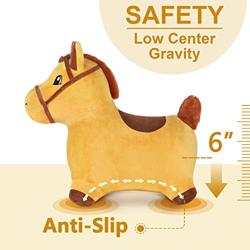 iPlay, iLearn Yellow Hopping Horse, Outdoors Ride On Bouncy Animal Play Toys, Inflatable Hopper Plush Covered with Pump, Activities Gift for 18 Months, 2, 3, 4, 5 Year Old Kids Toddlers Boys Girls