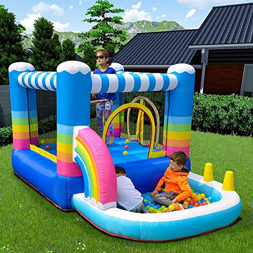 MEIOUKA Kids Inflatable Bounce Houses Jumper with 350W Blower Small Ball Pit Water Pool Rainbow Blow up Small Inflatable Bounce House for Kids Toddlers Indoor Outdoor Jumping Bouncer Party Yard Toys