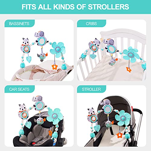 Koty Baby Stroller Arch Toy with Teether, Rattle, Crinkle Sound, Mirror & Music Box, Newborns Sensory Activity Carrier Take-Along Toy, Adjustable for Bouncers, Car Seat & Pram 0M+(Elephant)