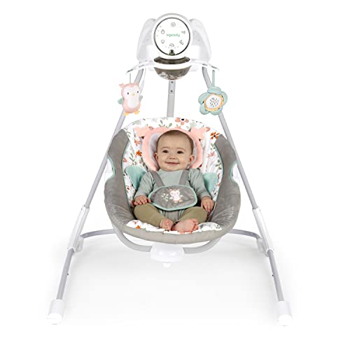 Ingenuity InLighten 5-Speed Baby Swing - Swivel Infant Seat, 5 Point Safety Harness, Nature Sounds, Lights - Nally Owl