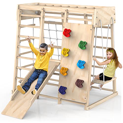 Indoor Jungle Gym, Toddler Climbing Toys Indoor, Indoor Playground Climbing Toys for Toddlers, Climber Playset with Slide, Climbing Rock/Net, Monkey Bars, Drawing Board, Abacus Game and Swing Yellow