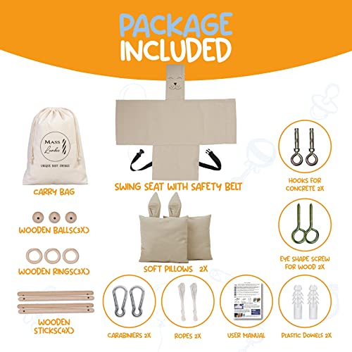Mass Lumber Canvas Baby Swing Outdoor Indoor Seat Set with Secure Belt, Mounting Hardwares, Two Cushions Baby Hammock Hanging Chair for Infants Toddler Baby Tree Swing for Porch Backyard