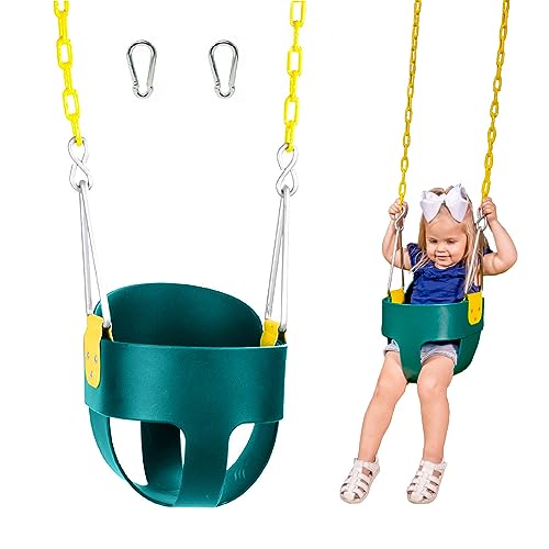 High Back Full Bucket Toddler Swing Seat with Plastic Coated Chains and Carabiners for Easy Install- Green