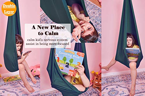 Indoor Therapy Sensory Swing for Kids with Mounting Hardware, Adjustable Snuggle Cuddle Hammock Lycra Swings Has Calming Effect On Child with Special Needs (Dark Green)