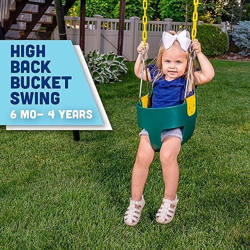 High Back Full Bucket Toddler Swing Seat with Plastic Coated Chains and Carabiners for Easy Install- Green