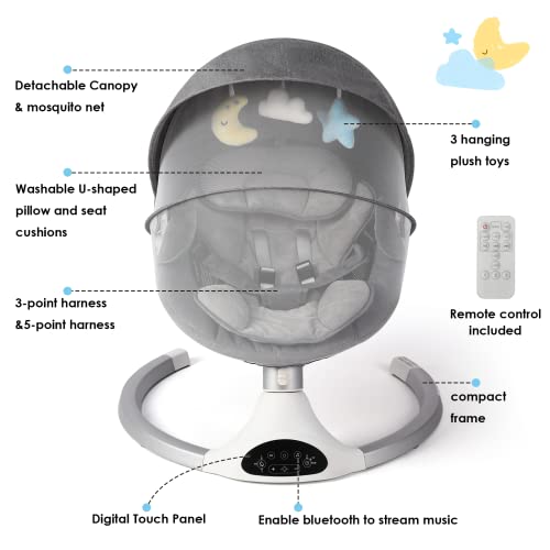 Infant Swing with Bluetooth, Lullabies, Toys - Grey