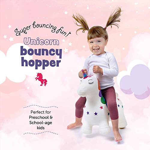 Hoovy Inflatable Bouncy Unicorn with Pump | Bouncing Unicorn Ride on Toy for Kids | Unicorn Jumping Hopper Gift for Toddlers & Children | Portable & Travel Friendly (White)