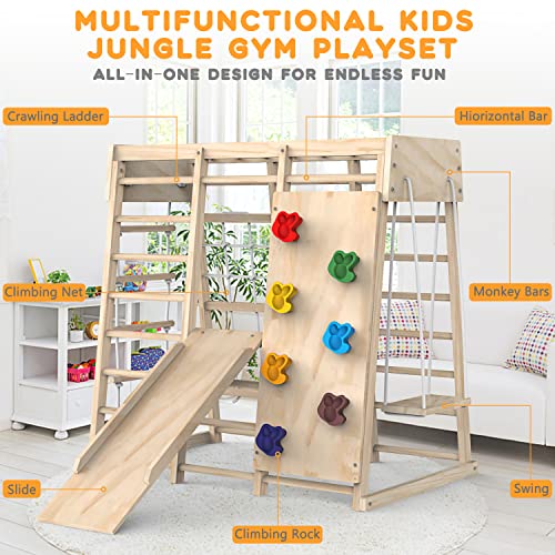 Indoor Jungle Gym, Toddler Climbing Toys Indoor, Indoor Playground Climbing Toys for Toddlers, Climber Playset with Slide, Climbing Rock/Net, Monkey Bars, Drawing Board, Abacus Game and Swing Yellow