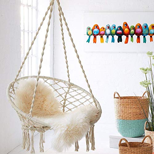 Hammock Chair Macrame Swing - Max 330 Lbs-Hanging Cotton Rope Hammock Swing Chair for Indoor and Outdoor Use (Beige)