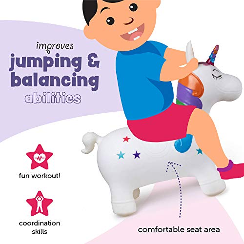 Hoovy Inflatable Bouncy Unicorn with Pump | Bouncing Unicorn Ride on Toy for Kids | Unicorn Jumping Hopper Gift for Toddlers & Children | Portable & Travel Friendly (White)