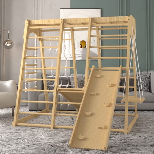 Indoor Jungle Gym, 66inch Toddler Climbing Toys Indoor, 8-in-1 Indoor Playground for Toddler 1-3 with Swing, Armband, Rock Climb Wall, Slide, Monkey Bar, Wood & Rope Ladder, Rope Wall Ladder