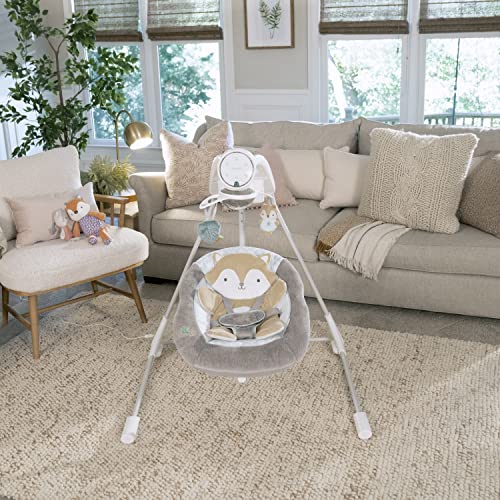 Ingenuity InLighten 5-Speed Baby Swing - Swivel Infant Seat, 5 Point Safety Harness, Nature Sounds, Lights - Kitt Fox