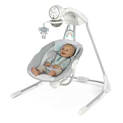 Ingenuity InLighten 5-Speed Baby Swing - Swivel Infant Seat, 5 Point Safety Harness, Nature Sounds, Lights - Van Elephant
