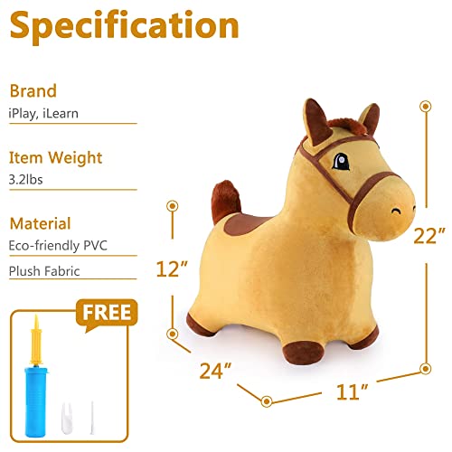 iPlay, iLearn Yellow Hopping Horse, Outdoors Ride On Bouncy Animal Play Toys, Inflatable Hopper Plush Covered with Pump, Activities Gift for 18 Months, 2, 3, 4, 5 Year Old Kids Toddlers Boys Girls