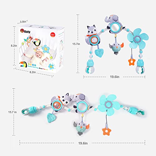 Koty Baby Stroller Arch Toy with Teether, Rattle, Crinkle Sound, Mirror & Music Box, Newborns Sensory Activity Carrier Take-Along Toy, Adjustable for Bouncers, Car Seat & Pram 0M+(Elephant)