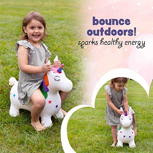 Hoovy Inflatable Bouncy Unicorn with Pump | Bouncing Unicorn Ride on Toy for Kids | Unicorn Jumping Hopper Gift for Toddlers & Children | Portable & Travel Friendly (White)