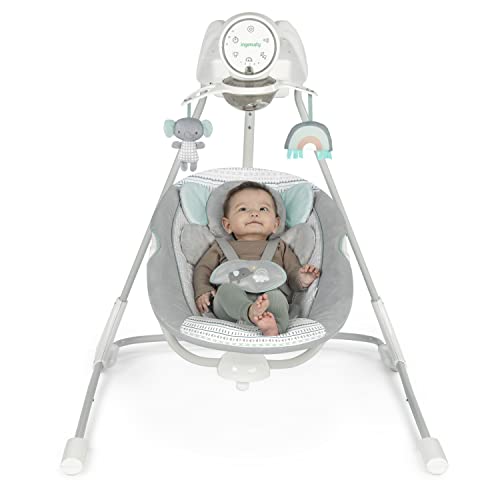 Ingenuity InLighten 5-Speed Baby Swing - Swivel Infant Seat, 5 Point Safety Harness, Nature Sounds, Lights - Van Elephant