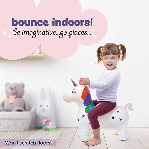 Hoovy Inflatable Bouncy Unicorn with Pump | Bouncing Unicorn Ride on Toy for Kids | Unicorn Jumping Hopper Gift for Toddlers & Children | Portable & Travel Friendly (White)