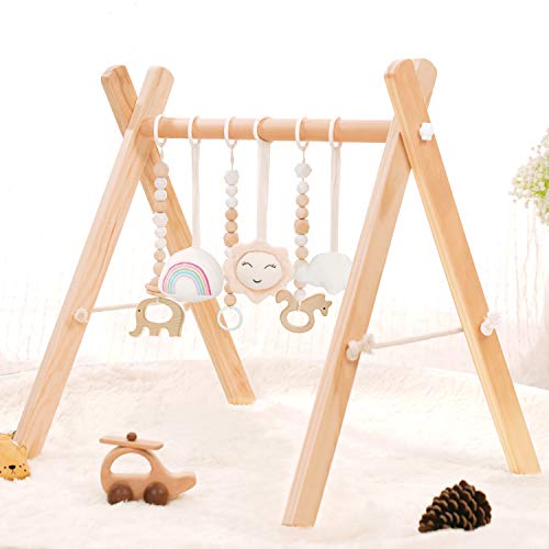 HAN-MM Wooden Baby Gym with 6 Wooden Baby Teething Toys Foldable Baby Play Gym Frame Activity Gym Hanging Bar Newborn Gift Baby Girl and Boy Gym (Natural Color)