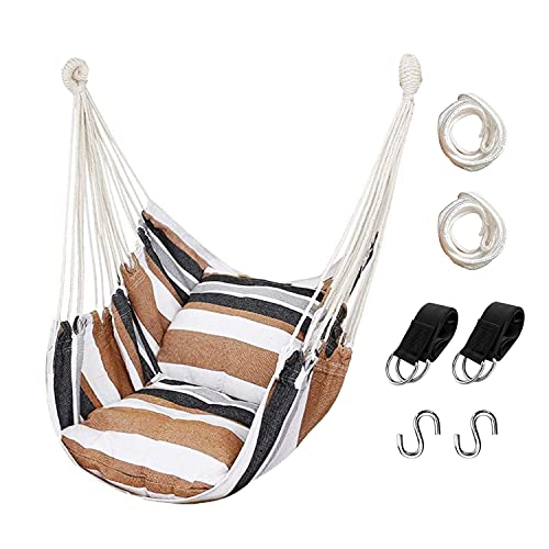 Hammock Chair Hanging Rope Swing, Max 300 Lbs Hanging Chair with Pocket- Quality Cotton Weave for Superior Comfort & Durability Perfect for Outdoor, Home, Bedroom, Patio, Yard (Khaki)