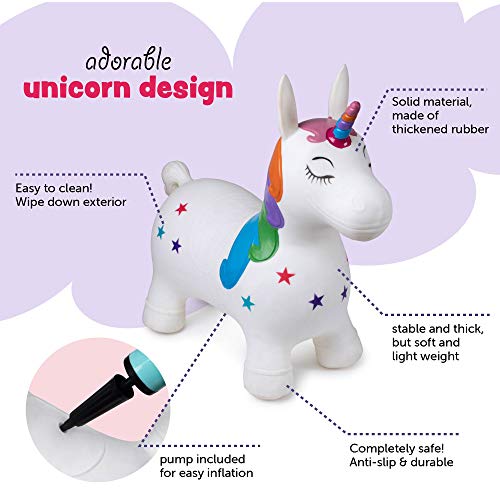 Hoovy Inflatable Bouncy Unicorn with Pump | Bouncing Unicorn Ride on Toy for Kids | Unicorn Jumping Hopper Gift for Toddlers & Children | Portable & Travel Friendly (White)