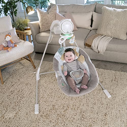 Ingenuity InLighten 5-Speed Baby Swing - Swivel Infant Seat, 5 Point Safety Harness, Nature Sounds, Lights - Kitt Fox