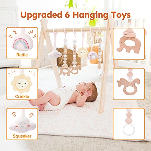 HAN-MM Wooden Baby Gym with 6 Wooden Baby Teething Toys Foldable Baby Play Gym Frame Activity Gym Hanging Bar Newborn Gift Baby Girl and Boy Gym (Natural Color)