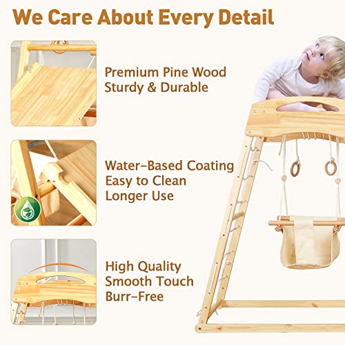 FUNLIO 7-in-1 Wood Indoor Playground for Toddlers 2-5, Montessori Climbing Toys with Solid Pine Wood, Indoor Jungle Gym for Kids with Swing/Slide/Climbing Rock/Net/Ladder/Monkey Bars/Gymnastic Rings