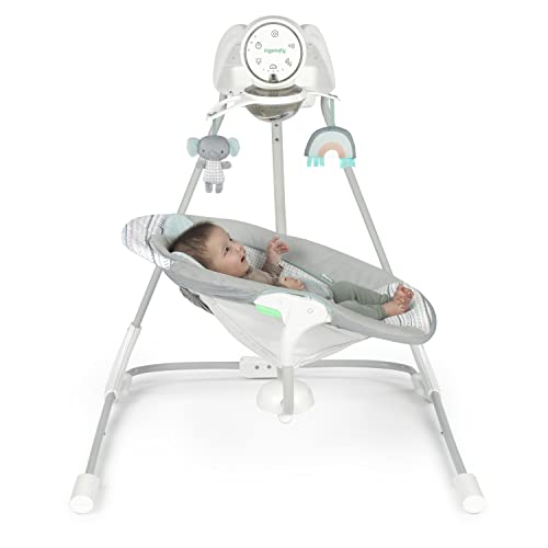 Ingenuity InLighten 5-Speed Baby Swing - Swivel Infant Seat, 5 Point Safety Harness, Nature Sounds, Lights - Van Elephant