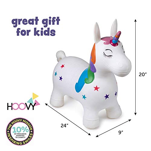 Hoovy Inflatable Bouncy Unicorn with Pump | Bouncing Unicorn Ride on Toy for Kids | Unicorn Jumping Hopper Gift for Toddlers & Children | Portable & Travel Friendly (White)