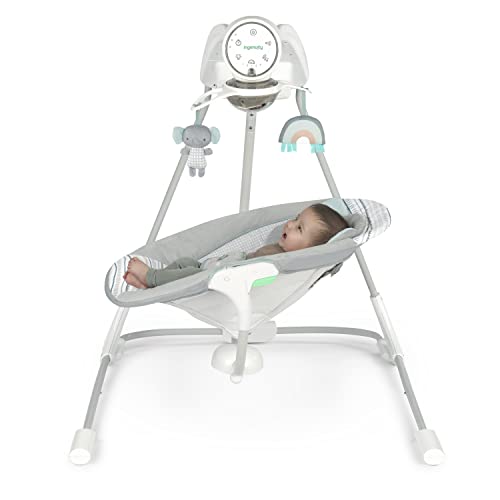 Ingenuity InLighten 5-Speed Baby Swing - Swivel Infant Seat, 5 Point Safety Harness, Nature Sounds, Lights - Van Elephant