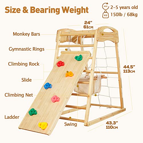 FUNLIO 7-in-1 Wood Indoor Playground for Toddlers 2-5, Montessori Climbing Toys with Solid Pine Wood, Indoor Jungle Gym for Kids with Swing/Slide/Climbing Rock/Net/Ladder/Monkey Bars/Gymnastic Rings