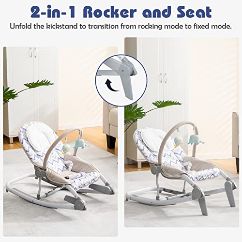 HONEY JOY Baby Rocker, 2 in 1 Foldable Comforting Rocking Chair & Stationary Seat, 3-Position Adjustable Backrest, Removable Toy Bar & Safety Belts, Portable Baby Bouncers for Infants to Toddlers