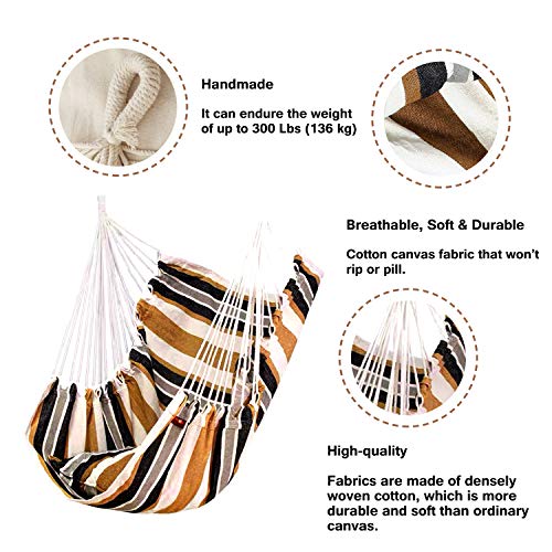 Hammock Chair Hanging Rope Swing, Max 300 Lbs Hanging Chair with Pocket- Quality Cotton Weave for Superior Comfort & Durability Perfect for Outdoor, Home, Bedroom, Patio, Yard (Khaki)